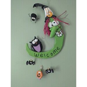 Vintage 90s Halloween Witch Moon Wooden Welcome Hanging Wreath Decor Hanger